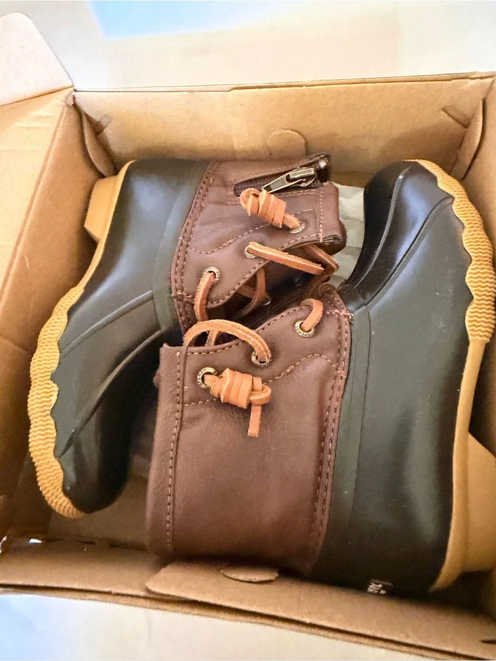 Sperry Olive Green & Brown Kids Rain Boots
